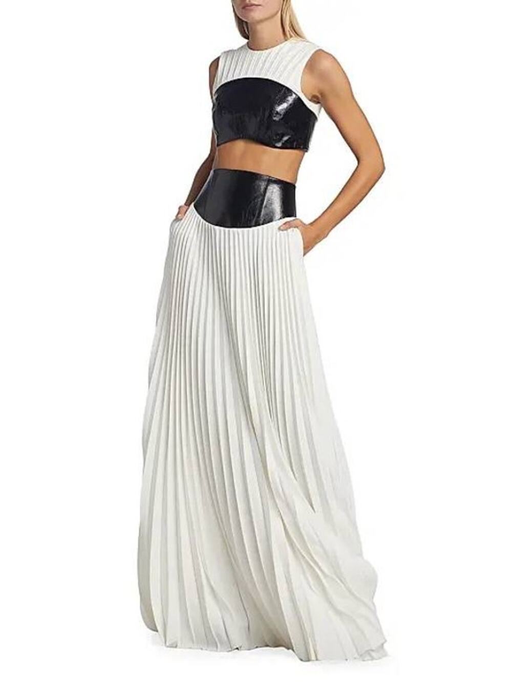 Brandon Maxwell Laurel Leather Waist Pleated Maxi Skirt in Black White 4